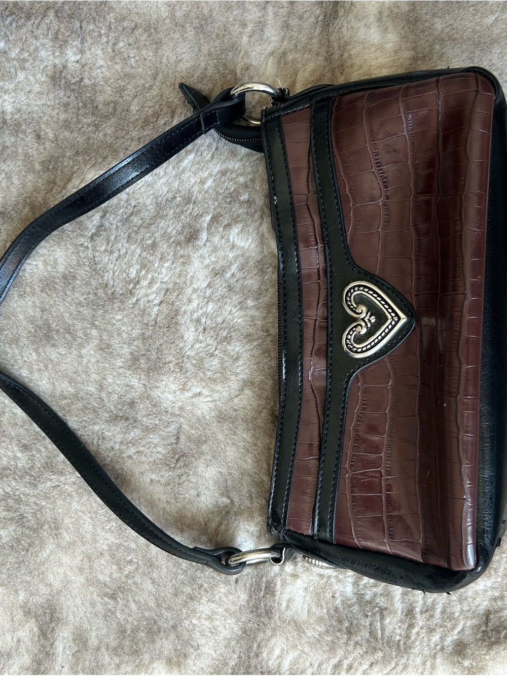 Women's Brown Croc-Texture Shoulder Bag with Heart Accent